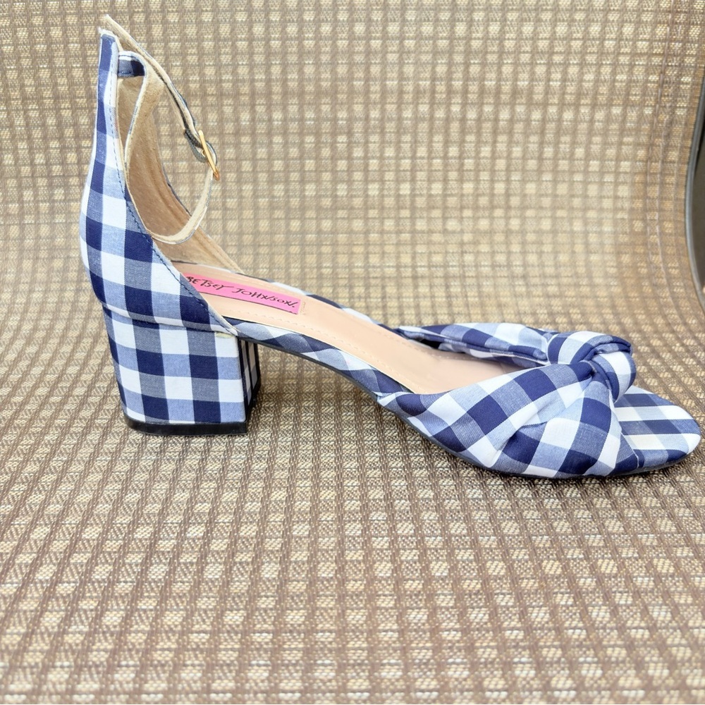 Vintage Betsey Johnson Ivee Women 7 Navy Gingham Bow Ankle Strap Heeled Sandals - Picture 4 of 9